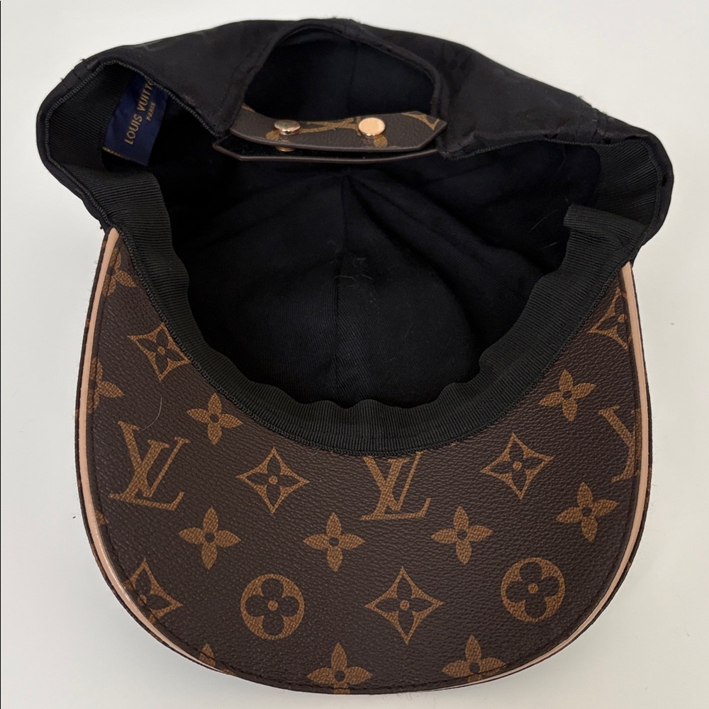 Fashion Black Crown with Brown Monogram Leather Brim Cap Hat - Picture 4 of 5